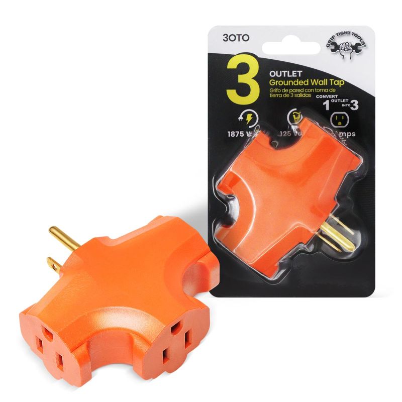 Grip Tight 3 Outlet Heavy Duty Grounded Wall Tap Adapter, Orange 3OTO