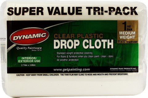 Dynamic 00379 9' x 12' 1mil Rolled Clear Plastic Drop Cloth (3pk)