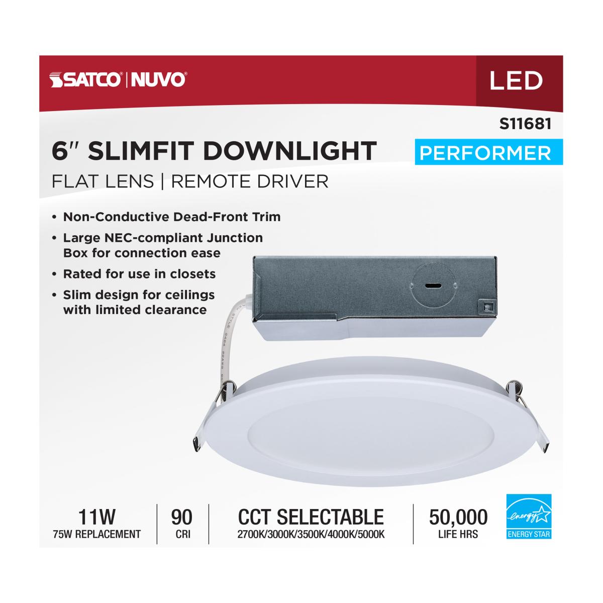 S11681 11WLED/DW/6/CCT/RND/FL/RD 11 Watt LED Direct Wire Performer Series Downlight; Remote Driver; 6 Inch; 27K/3K/35K/4K/5K CCT Selectable; Round; Flat Face; White Finish