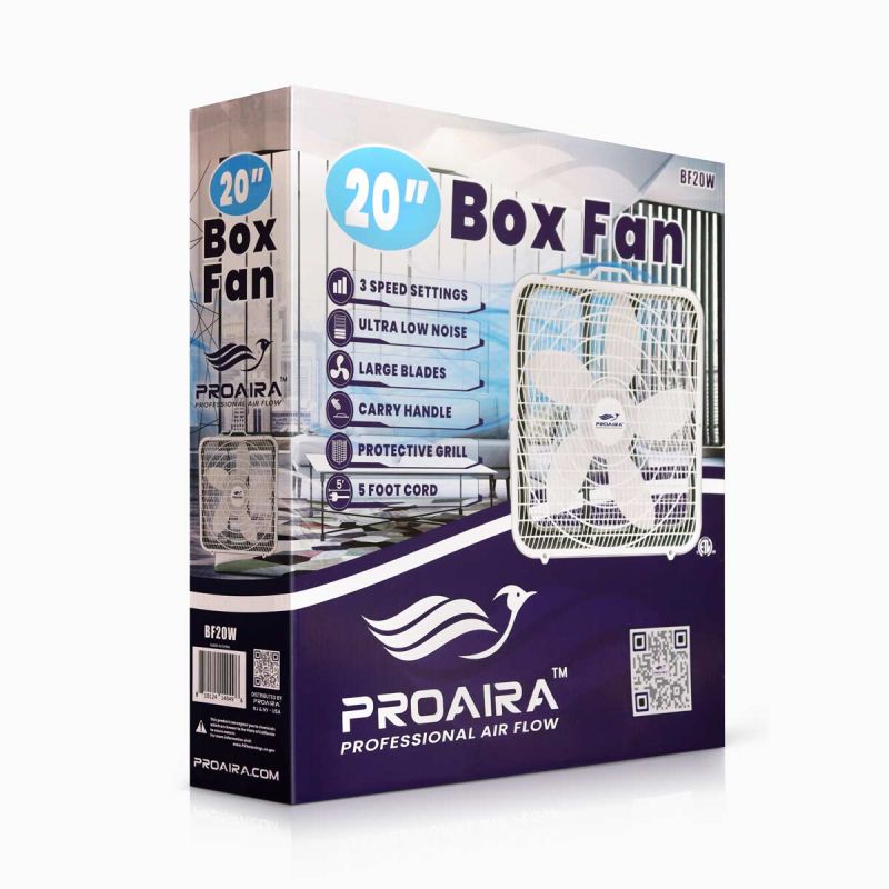 Proaira 20" Box Fan with 3 Speed Control and Carry Handle BF20W