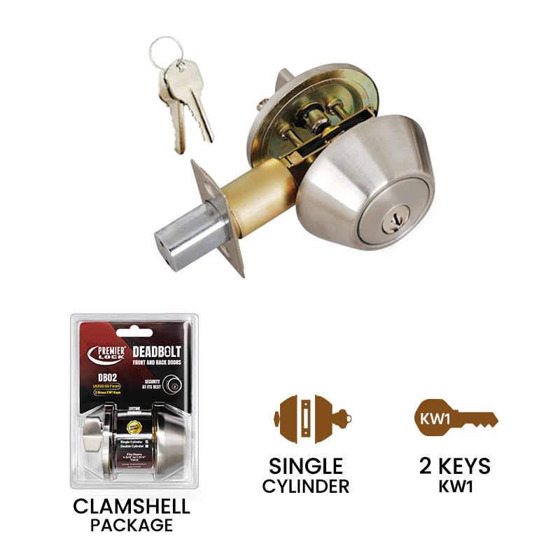 Premier Lock Stainless Steel Deadbolt Door Lock With 2 KW1 Keys-DB02