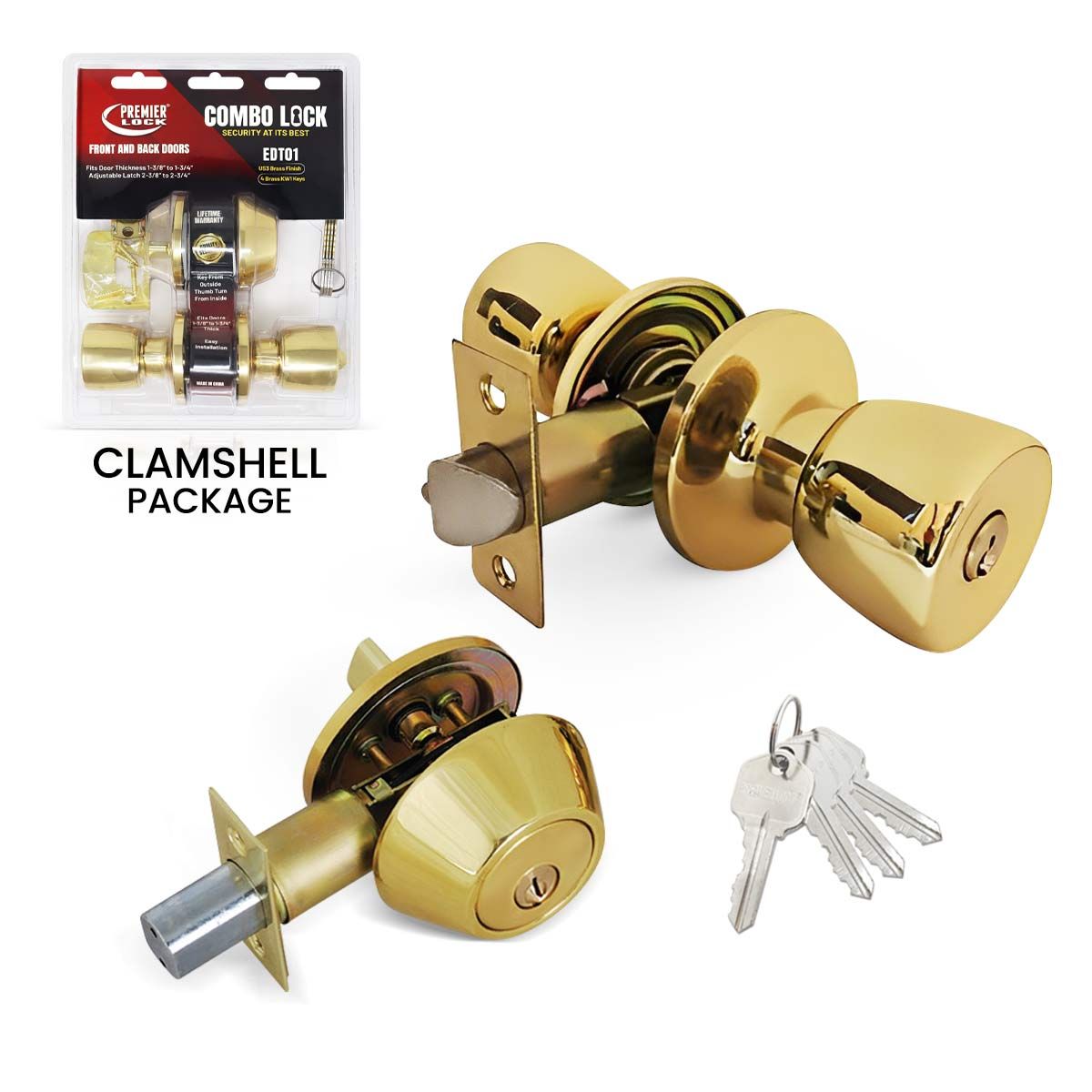 Combo Lockset - Tulip Knob - Solid Brass, KW1, Brass Finish-EDT01