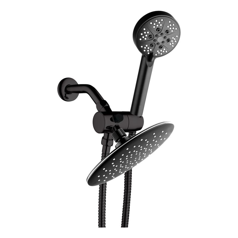 Two-in-One 5 Function Shower Set in Matte Black with Super Thin 8" Round Rain Shower Head, 3-Way Diverter Adapter, Shower Arm & Steel Hose SH21-B