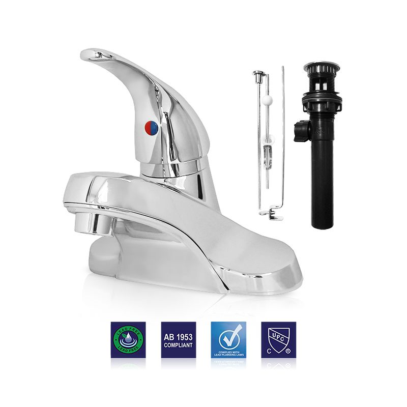 Single Lever Handle Lavatory Faucet w/ Plastic Pop-up - Fits 4" Center, Chrome Finish, Modern Round Design, Washerless, Cartridge - 1.5 GPM LFS02