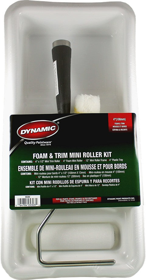 Dynamic 05303 4" (100mm) 4pc Foam & Yellow Stripe Mini Roller Tray Kit