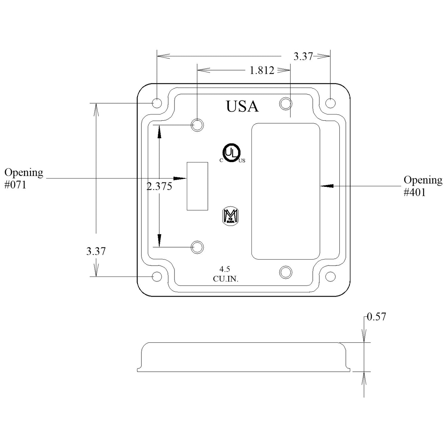 4 inch square cover, raised adaptor 1/2 inch, toggle & decora NA4419 M-11436 19t/gfi