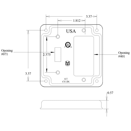 4 inch square cover, raised adaptor 1/2 inch, toggle & decora NA4419 M-11436 19t/gfi