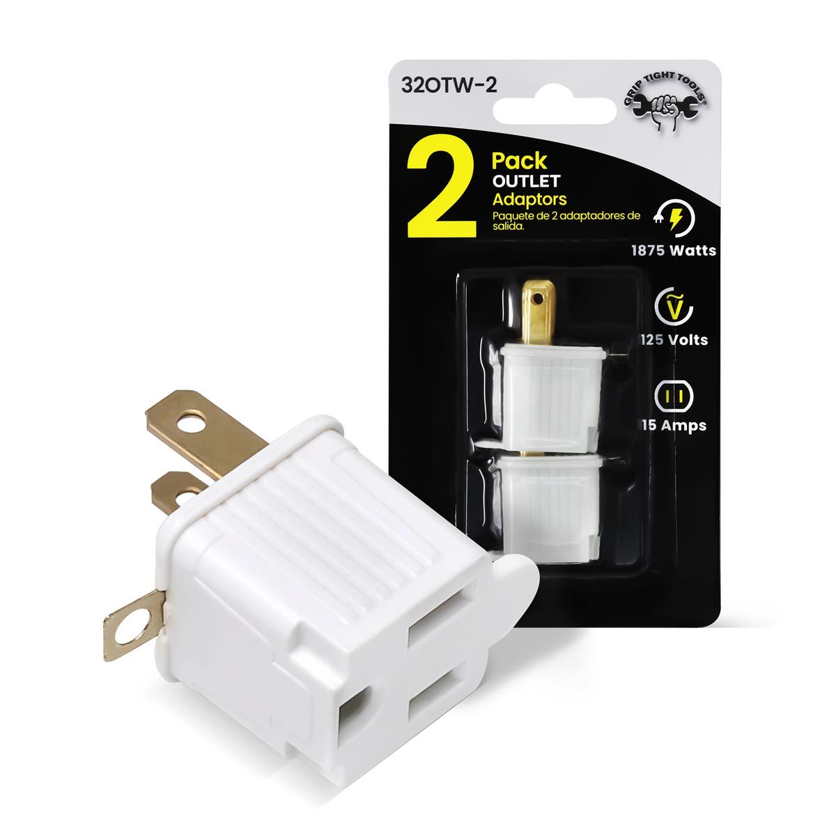 Grip Tight  15 Amp Single Outlet Grounding Adapter, White (2 PK) 32OTW-2