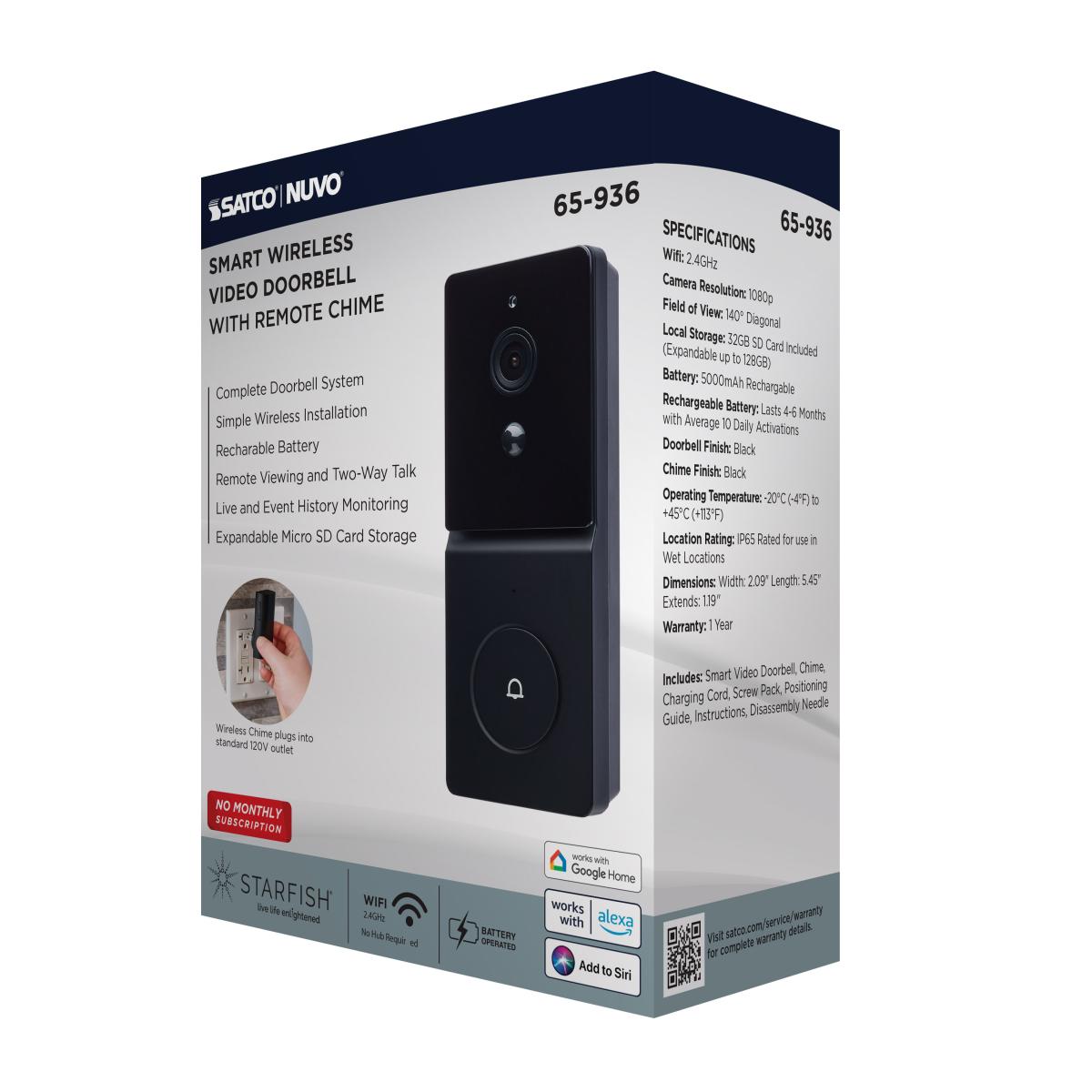 65/936  DOORBELL CAM-BLACK  Starfish; SMART Doorbell Security Camera; Black Finish