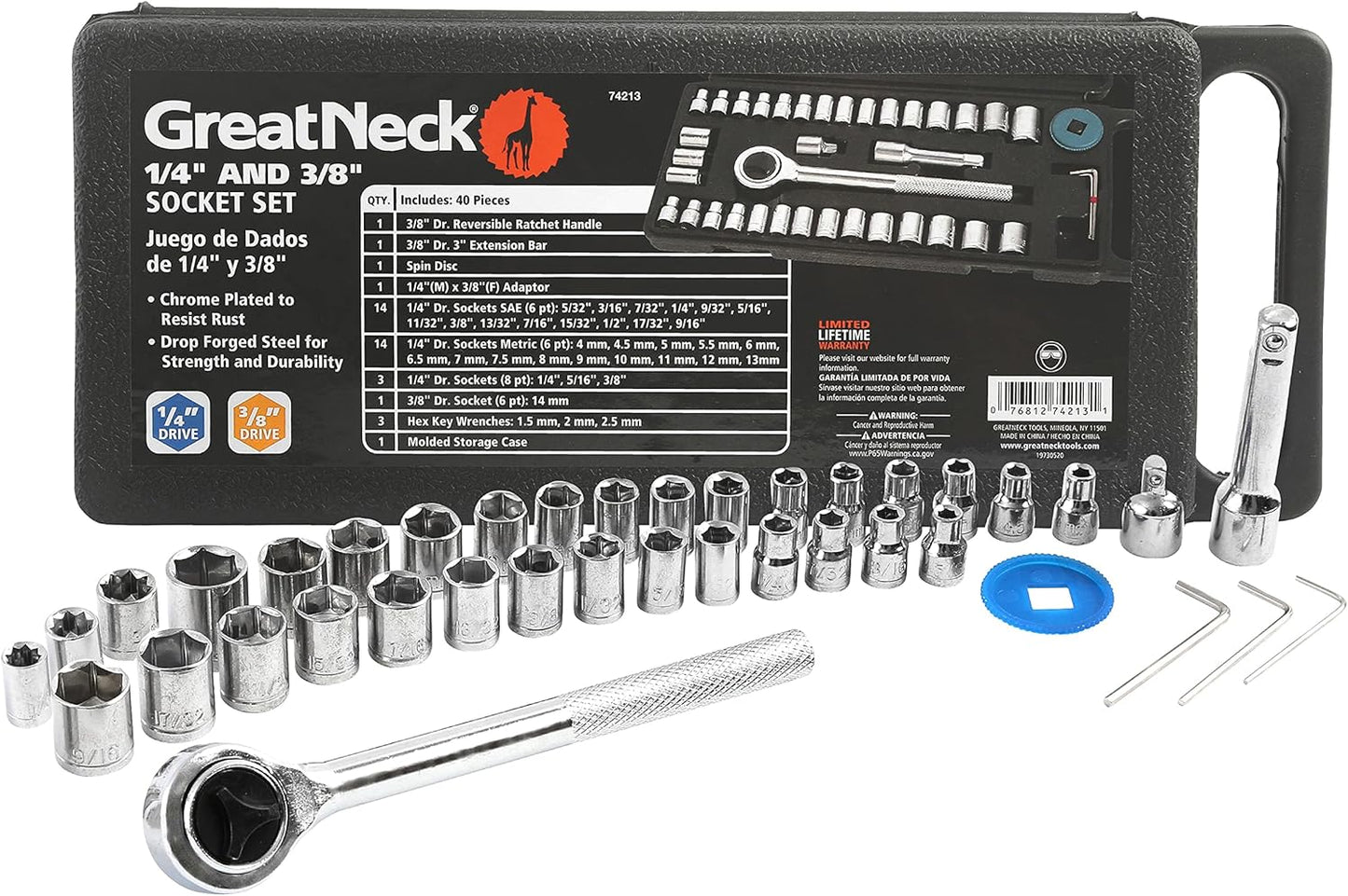 Great Neck 74213 Ratchet and 40pc Socket Set 1/4 and 3/8" drive Metric and SAE