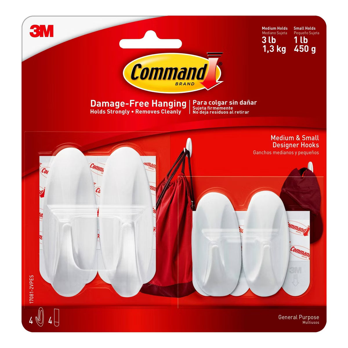 Command 17081-2VP Designer Hook, 3 lb, 4-Hook, Plastic, White