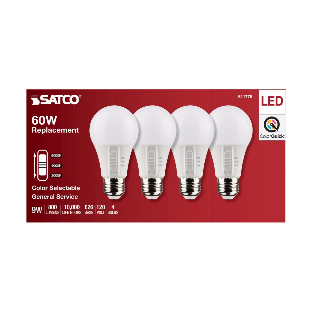 S11775  9A19/LED/3CCT/E26/120V/4PK  9 Watt A19 LED; Medium Base; CCT Selectable; White Finish; 90 CRI; 120 Volt; 4 Pack