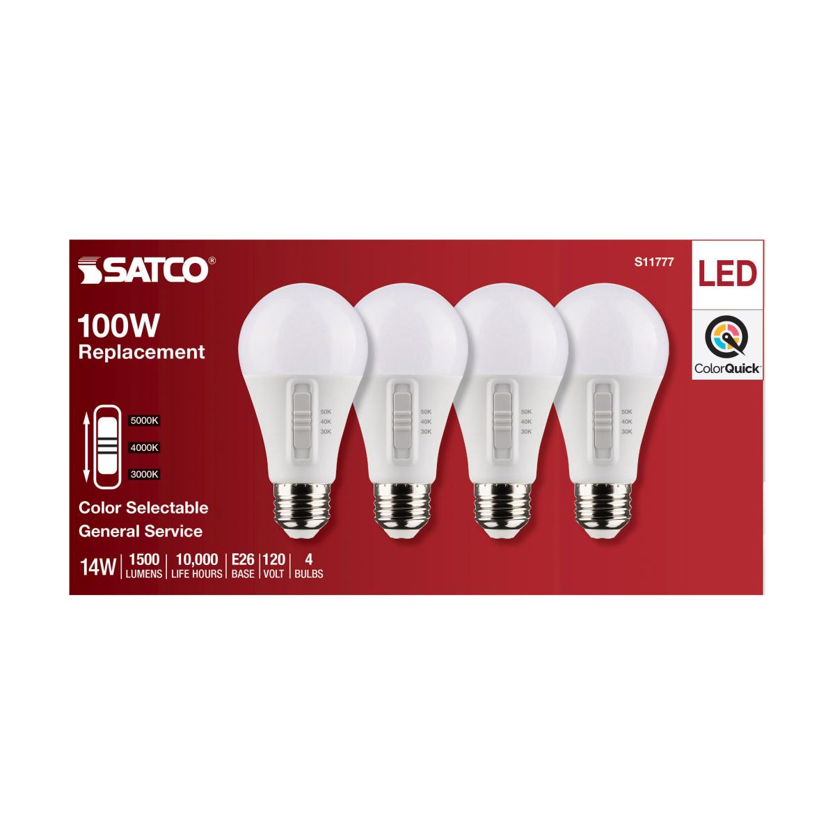 S11777  14A19/LED/3CCT/E26/120V/4PK  14 Watt A19 LED; Medium Base; CCT Selectable; White Finish; 90 CRI; 120 Volt; 4 Pack