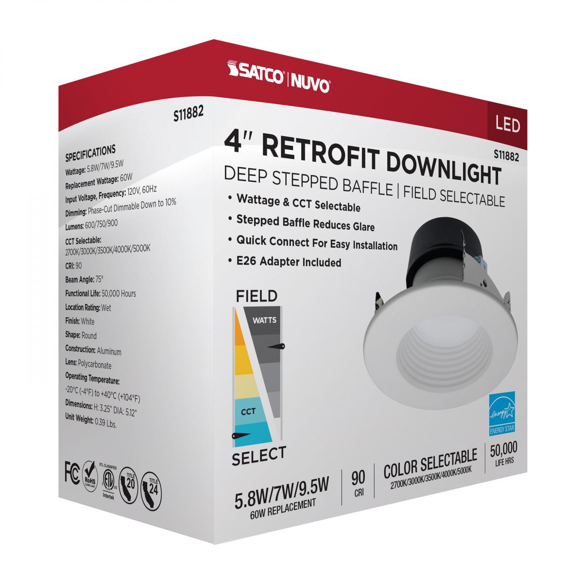 S11882  9.5WLED/DLR/4/WS/5CCT/RD/DB  Field Selectable LED Downlight Retrofit; Deep Baffle; 5.8/7/9.5 Watts; 27K/30K/35K/40K/50K CCT; 4 Inch; Round Shape; White Finish; 120 Volts