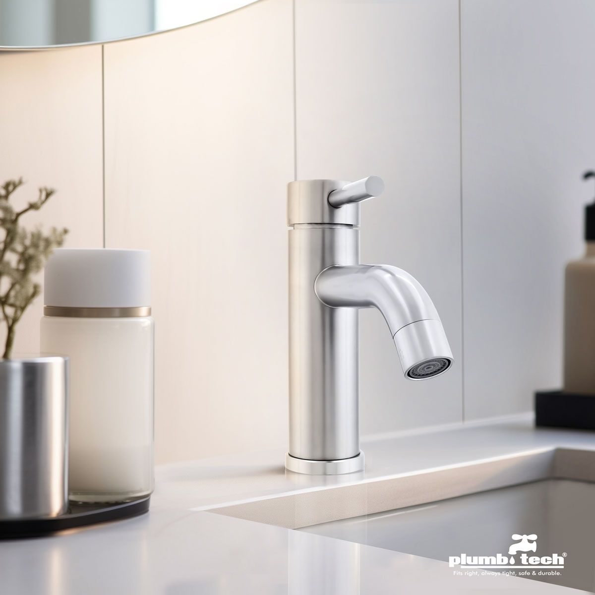 Plumb Tech Single Handle Basin Bathroom Faucet, Stainless Steel, 1.2 GPM-BFSS01