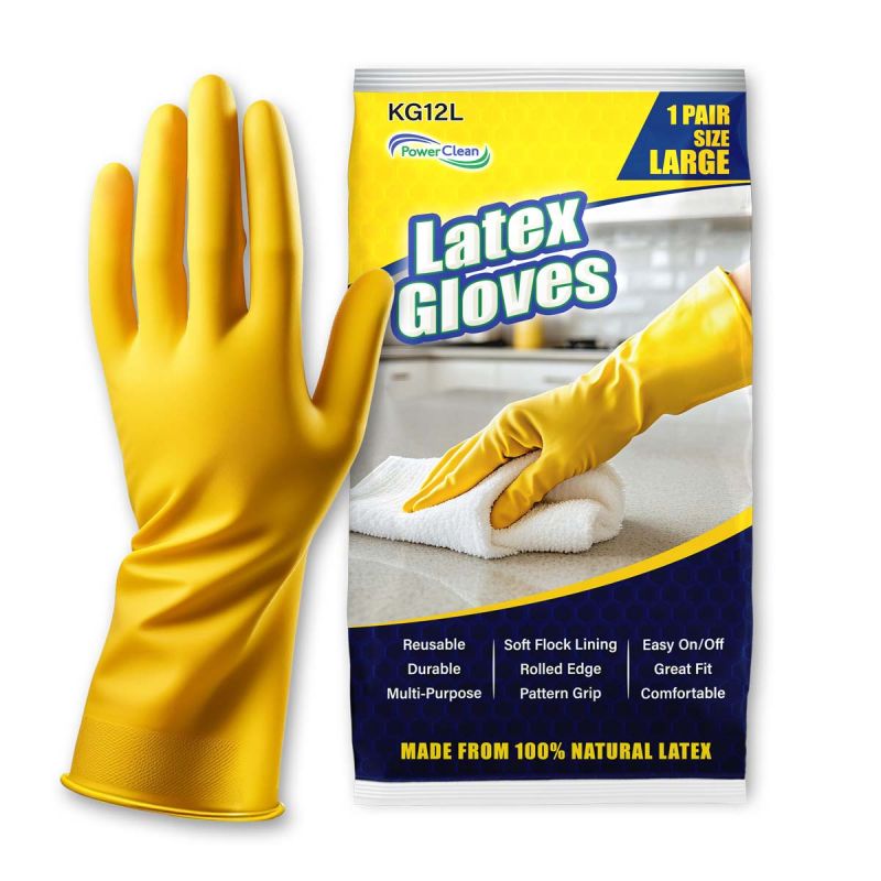 Power Clean  Disposable Latex Gloves - 12" - Large - Yellow-KG12L