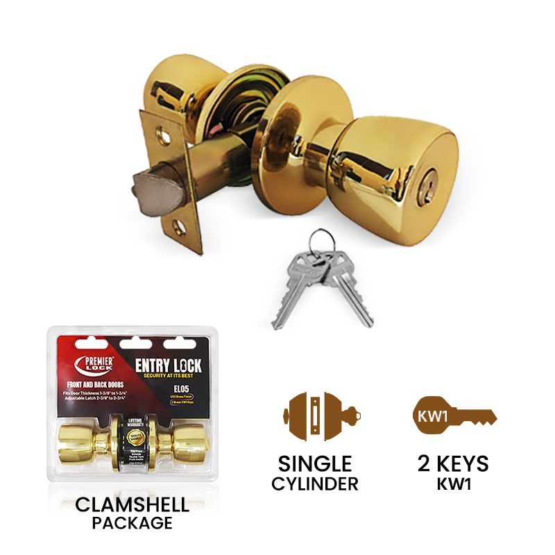 Solid Brass Keyed Entry Door Knob, Tubular With 2 KW1 Keys- EL05