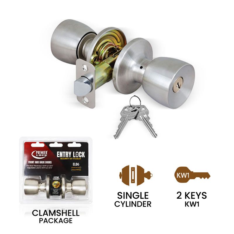 Premier Lock  Stainless Steel Keyed Entry Door Knob - Tubular With 2 KW1 Keys-Carded  EL06