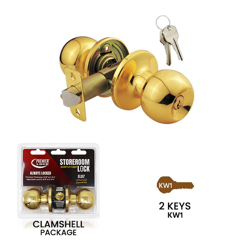 Premier Lock  Solid Brass Keyed Storeroom Door Knob With 2 KW1 Keys-Carded  EL07