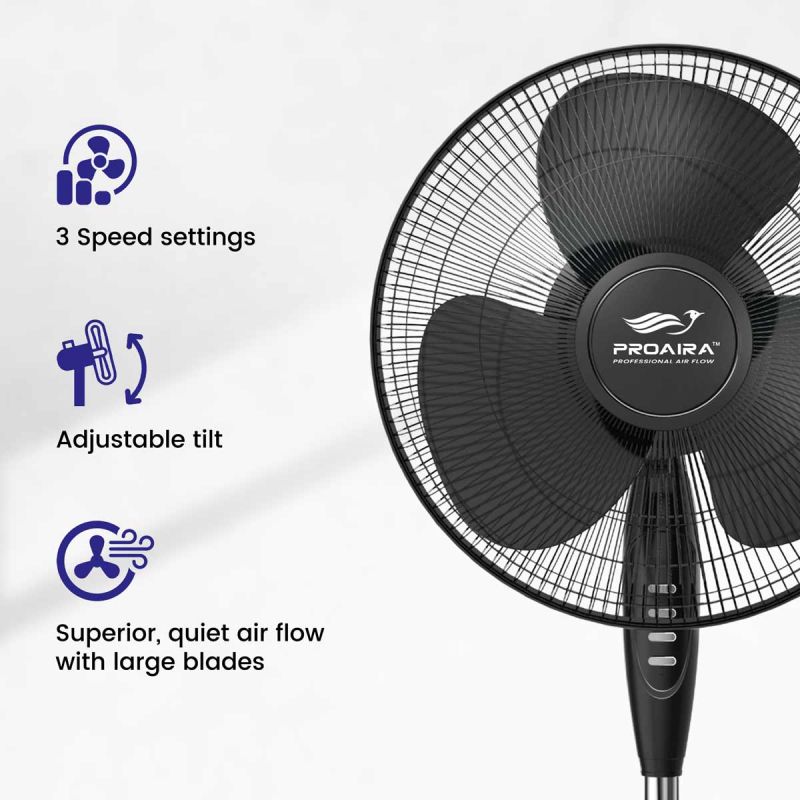 Proaira  16" Oscillating Pedestal Fan, 3 Speed Control, Black PF16B