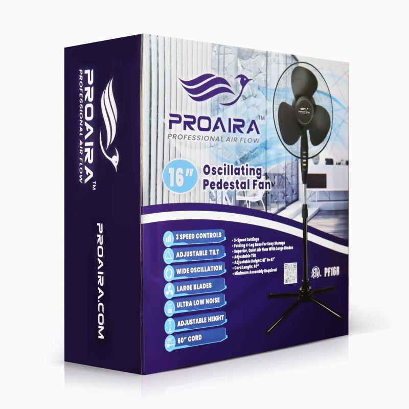 Proaira  16" Oscillating Pedestal Fan, 3 Speed Control, Black PF16B