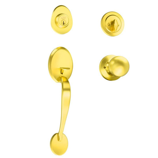Premier Lock  Polished Brass Keyed Entry Door Handleset With Inside Knob - Single Cylinder Deadbolt Lock and 3 KW1 Keys  HSL-B