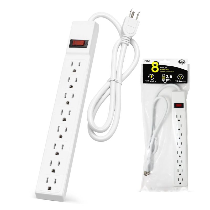 Grip Tight PS8W  8 Outlet Power Strip with 2.5 FT Power Cord, White