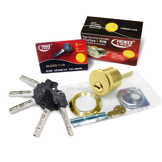 Premier Lock High Security Mortise / Rim Cylinder 1-1/8" - Solid Brass - Brass Finish US3 - With Card & 5 Keys 06  HSMR-B-KD