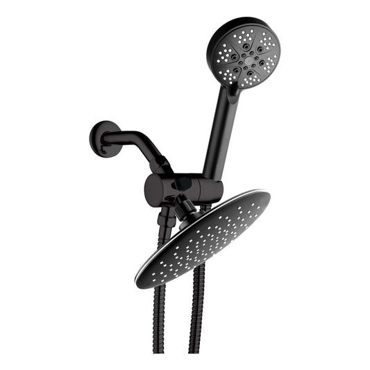 Two-in-One 5 Function Shower Set in Matte Black with Super Thin 8" Round Rain Shower Head, 3-Way Diverter Adapter, Shower Arm & Steel Hose SH21-B